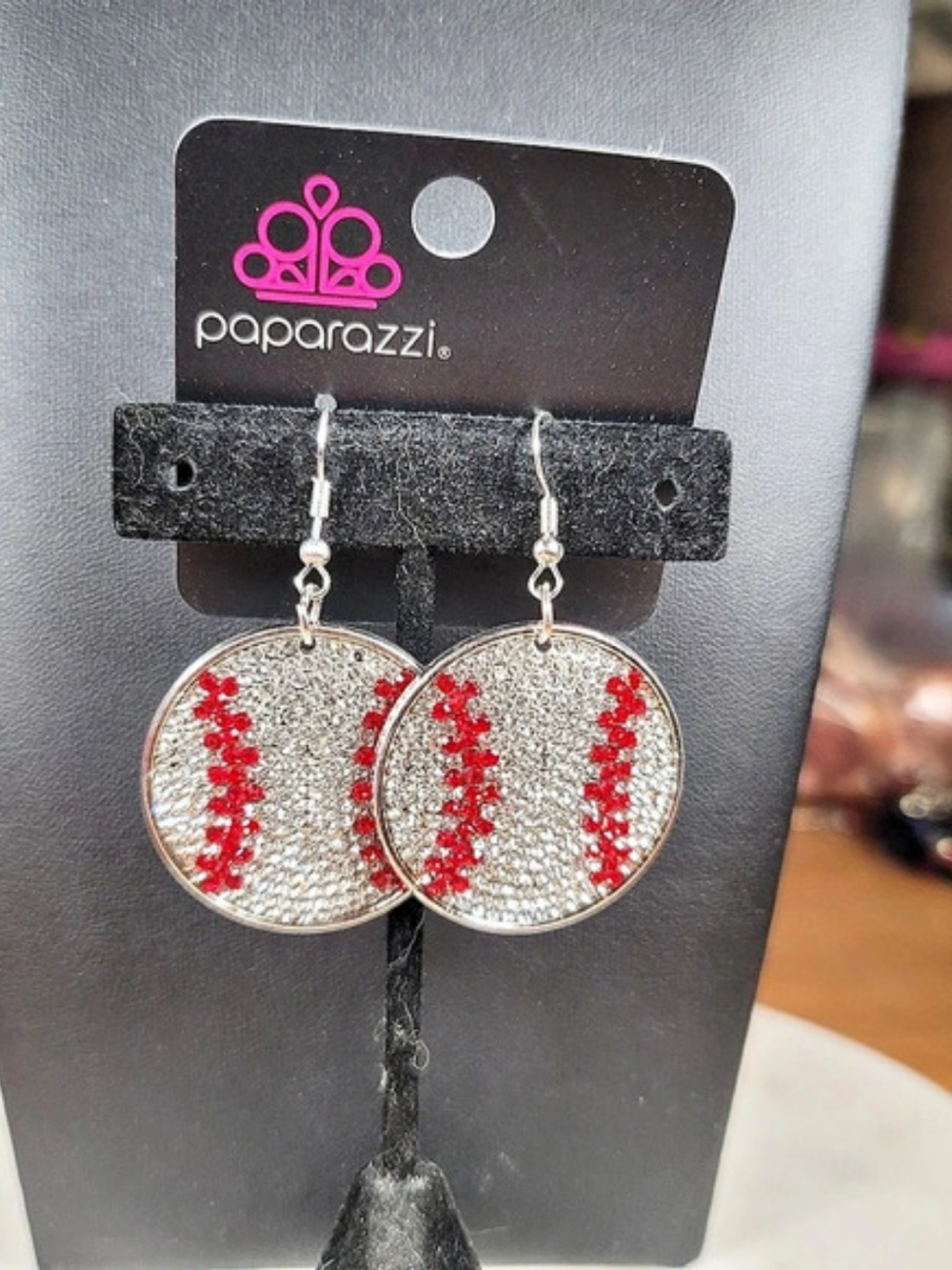 Paparazzi Ninth Inning Red & White Rhinestone Baseball Earrings